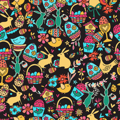 Naklejka premium Cartoon vector hand drawn Doodle Happy Easter illustration. Seamless pattern.