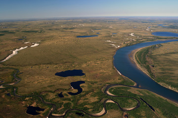 Taimyr tundra with lakes and rivers with the helicopter