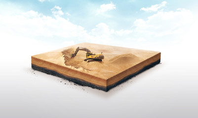 3d illustration of a soil slice, excavation work on Sand quarry isolated on white background