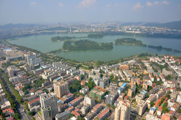 Aerial view of Xuanwu Lake from Zifeng Tower in Nanjing, Jiangsu Province, China.