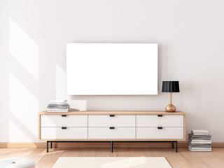Smart Tv Mockup with white screen hanging on the wall in modern living room. 3d rendering