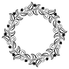 Abstract black and white ornament with decorative flowers. Vector clip art.