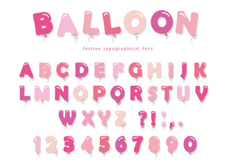 Balloon pink font. Cute ABC letters and numbers. For birthday, baby shower. Girly.