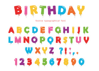 Birthday balloon font. Festive ABC letters and numbers. Colored.