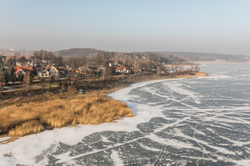 Obraz premium aerial view of the frozen lake near Nysa city
