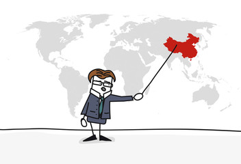 Personnage qui présente la carte du monde : Chine