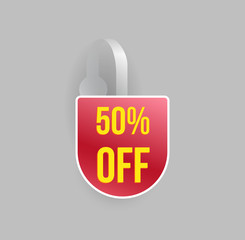 Vector red wobbler mockup with transparent strip and grey background. Sale message template for your hanging shelf tag design.