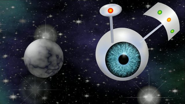 Sci-fi video with UFO. Fantasy space ship with blue eye flying trough cosmos, 3d computer generated movie