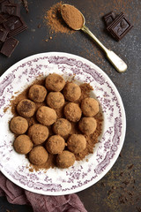 Homemade chocolate truffles.Top view.