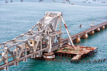 View of Pamban Bridge structure in Rameswaram, India