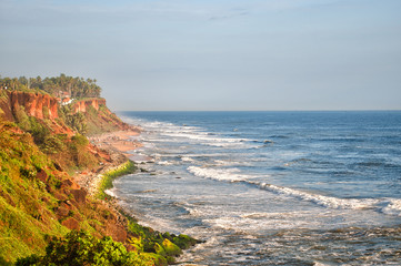 View of cliffs of Varkala coast, in Kerala, India.