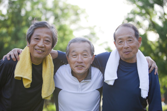 Portrait of three senior men after jogging