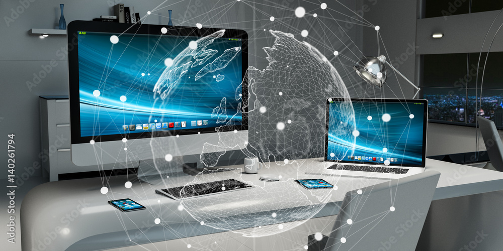 Poster Digital planet Earth floating in office 3D rendering