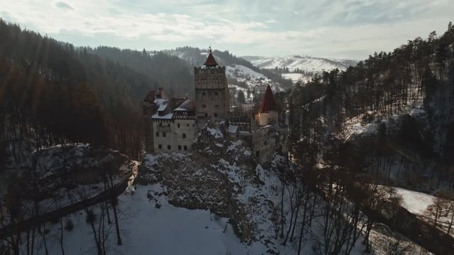 Flyover drone footage of Dracula's castle Bran in Transylvania