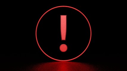 Red exclamation point in circle on black background. Graphic illustration. 3d rendering