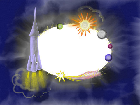 Hand drawn greeting card in space theme with spaceship and planets. Colorful illustration painted by pencil and watercolor for calligraphy text