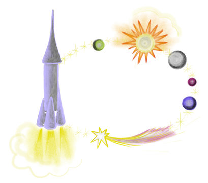 Hand drawn space theme set with spaceship and planets. Colorful illustration painted by pencil and watercolor for greeting card