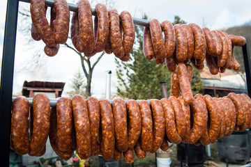 homemade sausages on display
