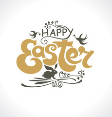 Happy Easter typographic inscription. Easter lettering poster with Easter Bunny, swallows and curls.