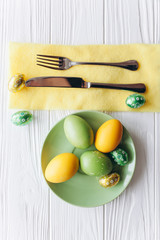 Easter concept. plate, fork, eggs on a white background