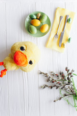 Easter concept. plate, fork, eggs on a white background
