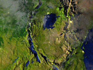 Tanzania region at night on realistic model of Earth