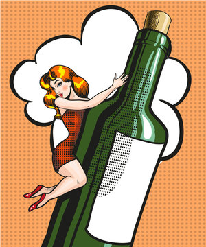 Vector pop art illustration of young woman on a bottle