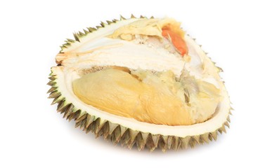 Obraz premium fresh durian ripe yellow meat tropical fruit on white background