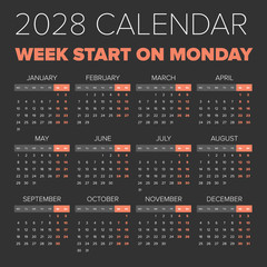 Simple 2028 year calendar