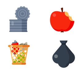 Household waste garbage icons vector illustration trash recycling ecology environment isolated recycle concept plastic paper symbol can bin eco