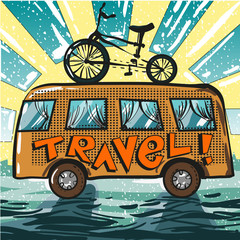 Vector vintage pop art illustration of travel bus and bike