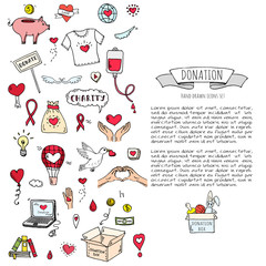 Hand drawn doodle Donation icons set. Vector illustration. Charity symbols collection Cartoon donate sketch elements: blood donation, box, heart, money jar, care, help, gift, giving hand, fund raising