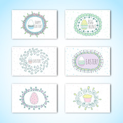 Hand drawn doodle Ester eggs icons with funny frames set Vector illustration.spring bunny symbols collection Cartoon decoration elements: egg, rabbit, basket, bunny footprint, hunt, hearts, boarders