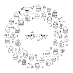 Hand drawn doodle Easter icons set Vector illustration spring bunny symbols collection Cartoon decoration elements: egg, rabbit, basket, bird, carrot, butterfly, bunny footprint, hunting eggs, hearts