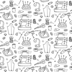 Seamless pattern hand drawn doodle Handmade icons set. Vector illustration. Sewing collection. Cartoon hand made various sketch elements: embroidery, button, needle, scissors, spool, pin, knitting