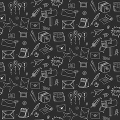 Seamless pattern Hand drawn doodle Postal elements icon set. Vector illustration. Isolated post symbols collection. Cartoon mail element: letter, envelope, stamp, post box, package, delivery truck