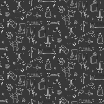 Seamless pattern Hand drawn doodle Plumbing icons set. Vector illustration. Plumber repair tools collection. Cartoon water pipe sketch elements: sink, tube, drain, washing machine, splash, drops, leak
