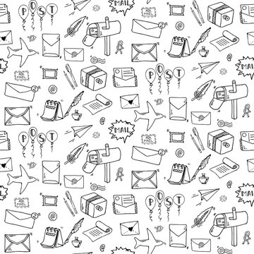 Seamless pattern Hand drawn doodle Postal elements icon set. Vector illustration. Isolated post symbols collection. Cartoon mail element: letter, envelope, stamp, post box, package, delivery truck