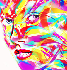 Face of beautiful woman in 3d render. Colorful makeup and abstract background create modern portrait. 