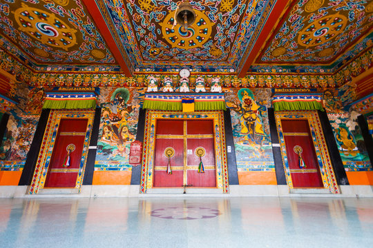 Rumtek Monastery Entrance Doors with Colorful Ceiling in Sikkim, India