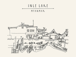 Village market on Inle lake, Myanmar. Rural Burmese landscape with a Buddhist temple. Artistic travel postcard