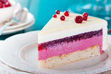 Cranberry, bilberry, raspberry tart, mousse cake.