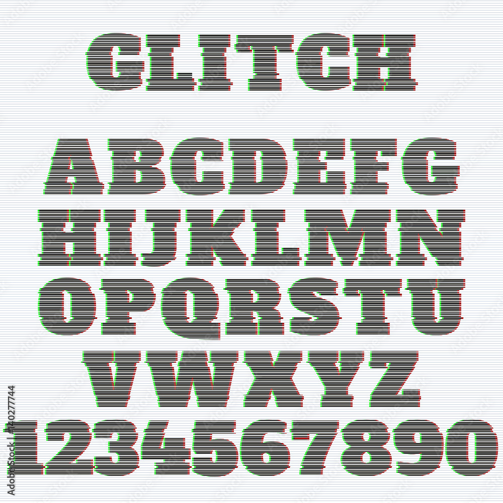 Fototapete Vector distorted glitch black font. Latin letters from A to Z and numbers from 0 to 9
