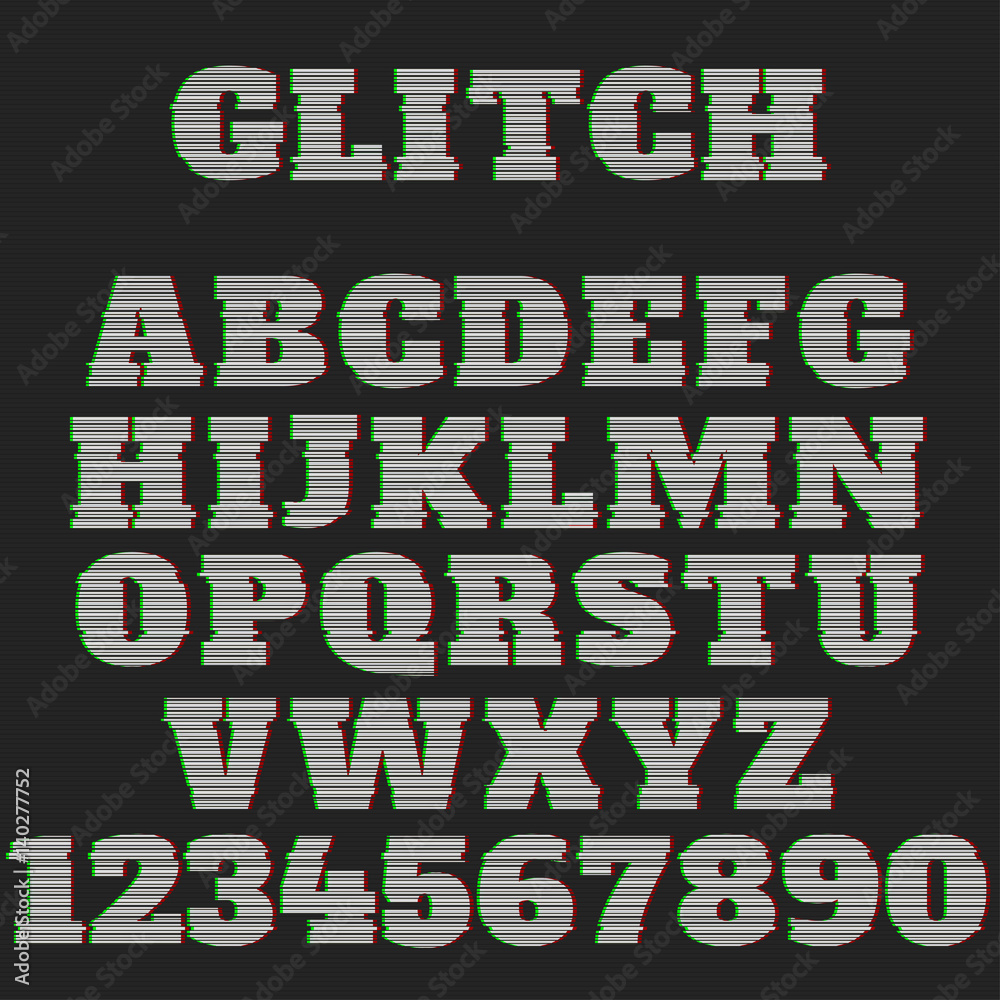 Fototapete Vector distorted glitch font. Latin letters from A to Z and numbers from 0 to 9