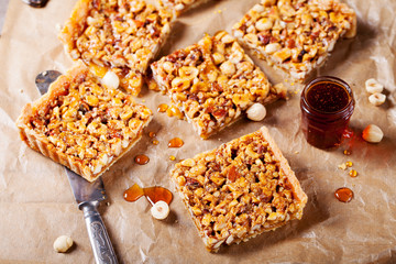 Caramel tart with nuts, maple syrup and honey.