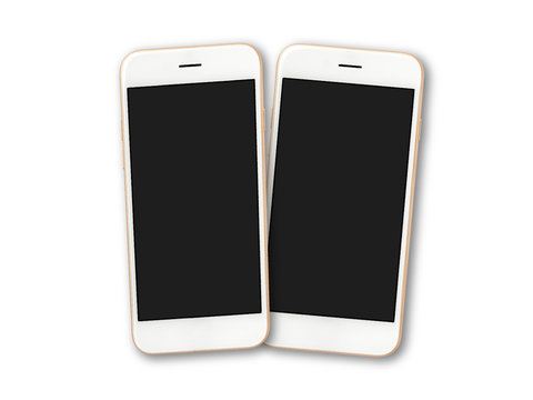 Top view (Flat lay) image of two blank screen smartphone isolate on white background with clipping path