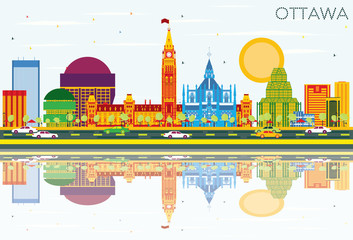 Ottawa Skyline with Color Buildings, Blue Sky and Reflections.