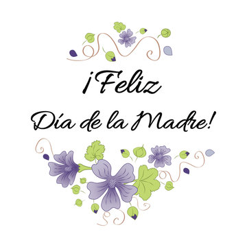 Happy Mother Day banner decorated hand drawn meadow flowers. Lettering title in Spanish