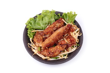 Fried steamed grated radish with shallot and bean sprouts.