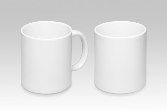 Two positions of a white mug on a gray background